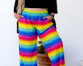 Floral Rainbow Stripe Wide-Leg Pants A Bright Colourful Boho Rainbow Dress Happy Rainbow Flowers Stripe Design Hippie Dress Festival