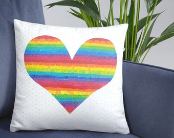 Rainbow Love Heart Cushion - A colourful square accent pillow printed from my original rainbow painting. A Printed Art Rainbow Cushion.