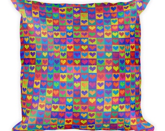 Lots of Love Rainbow Pillow -  A colourful square accent cushion printed from my original rainbow painting Lots of Love