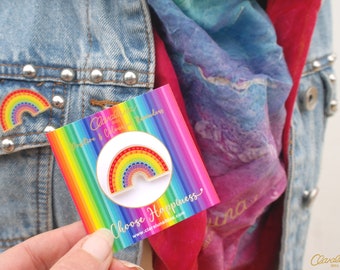 Crazy Happy Rainbow Acrylic Pin - A very happy and colourful pin badge from Claraluna Ibiza. Rainbow Badge. Rainbow Button. Rainbow Pin.