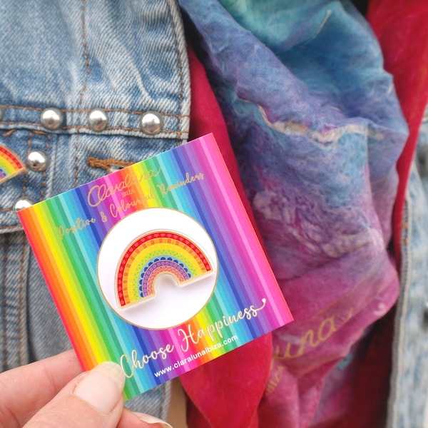 Crazy Happy Rainbow Acrylic Pin - A very happy and colourful pin badge from Claraluna Ibiza. Rainbow Badge. Rainbow Button. Rainbow Pin.