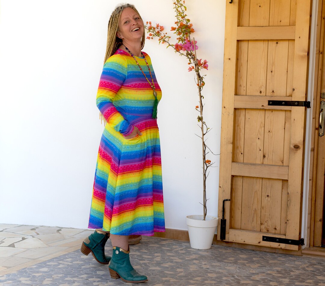 Rainbows Multi Stripe Wide Ruffle Sleeve Dress