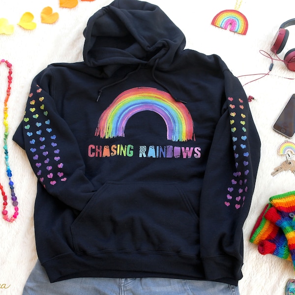 Chasing Rainbows - A super soft & cosy rainbow hoodie with funky printed sleeves with a rainbow of hearts. Rainbow Jumper. Rainbow Sweater