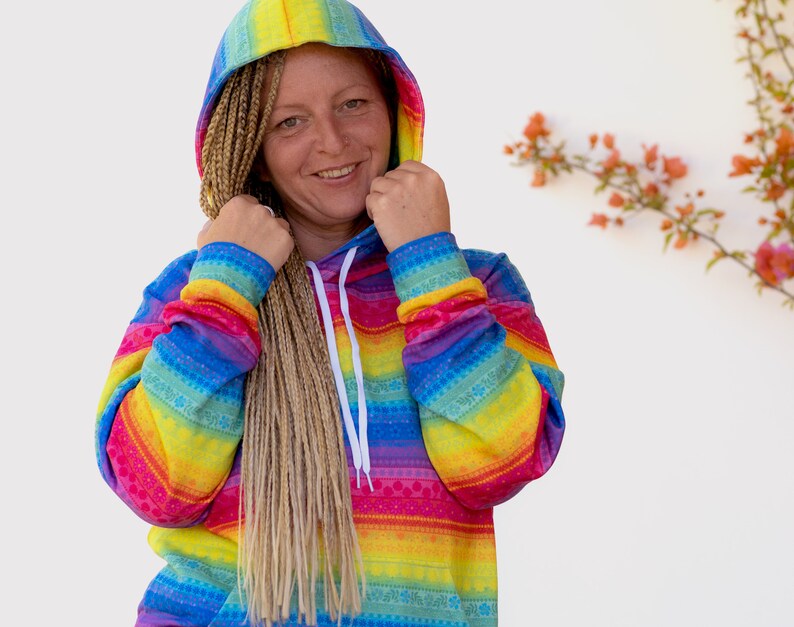 Floral Rainbow Stripe Hoodie A Happy & Positive Hoodie with a Rainbow Gradient of Boho Flowers Hippie Hoodie Festival Hoodie Pride Hoodie image 3