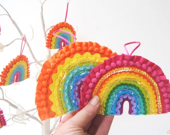 Happy Rainbow Decoration - Hanging Rainbow Funky Decorations with Pom Poms, Sequins and Ric Rac. Happy Rainbow Decoration. Pastel Rainbow