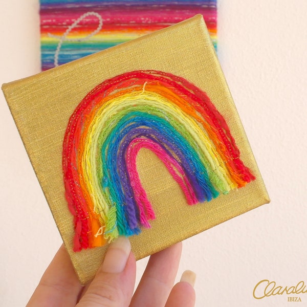 Yarn Rainbow Painting - A Mini Yarnbow on a gold canvas. Stitched with gold thread and shades of yarn. Stretched on a Frame. Rainbow Art