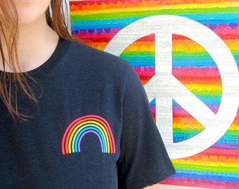 Embroidered Rainbow T-Shirt A Happy Positive Rainbow Shirt with A Colourful Rainbow Embroidery Unisex Graphic Tee Gift for Pride Festivals