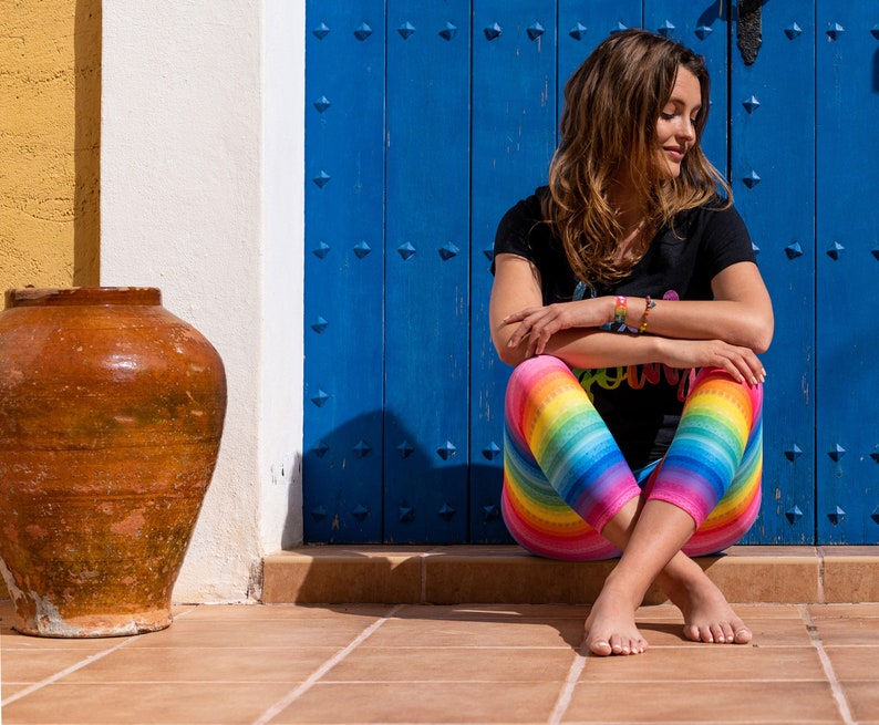 Rainbow Stripe Leggings Bright and Colourful Rainbow Leggings with my Funky Rainbow Stripe Design. Festival Leggings. Pride Leggings. image 6