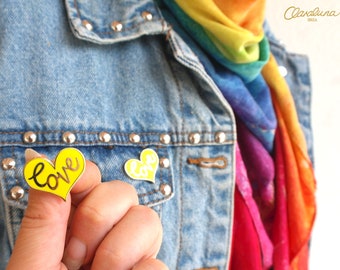 Yellow Love Heart Enamel Pin - A Happy & Colourful Hard Enamel Heart Lapel Pin with the word Love in Gold Metal - Heart Enamel Badge