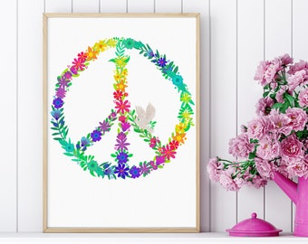 Floral Peace Sign Art Print,  Boho Wall Art, Hippie Love and Peace Picture, Rainbow Flowers Peace Sign Poster, Rainbow Decor, Wildflowers