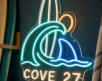 Surf Shark Neon Sign for Beach House, Custom COVE 27 LED Wall Decor, Pool Room Shark Light, Coastal Surf Room Gift for Surfers Den