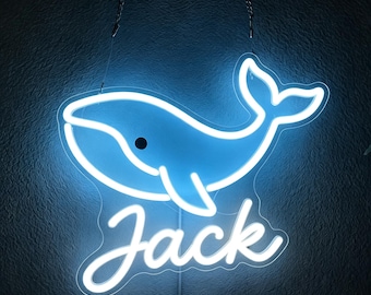 Whale Neon Sign with Custom Name for Kids Room, Personalized Ocean LED Wall Decor, Nursery Night Light, Baby Shower Gift for Baby Boy