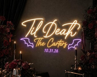 Custom Til Death Neon Sign for Halloween Wedding, Personalized Surname Backdrop, Gothic Reception Decor with Purple Bats and Date Sign