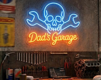 Custom Skull Wrenches Neon Sign | Dad's Garage LED Light, Dual Color Dimmable | Mechanic Man Cave Wall Decor, Biker Gift for Him