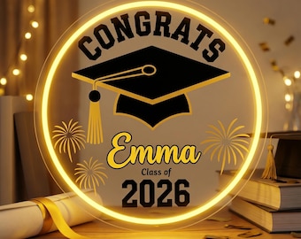Letreiro de néon personalizado para formatura, com nome da turma de 2026, chapéu de formatura em LED, presente para formandos do ensino médio, decoração para festa de formatura.