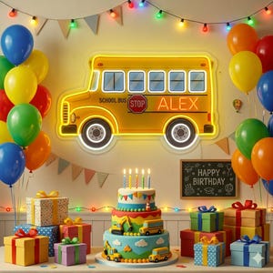 May include: A yellow school bus neon sign with the text SCHOOL BUS, STOP, and ALEX, surrounded by colorful balloons, bunting, string lights, a three-tier cake decorated with construction vehicles, and several wrapped gift boxes on a table.