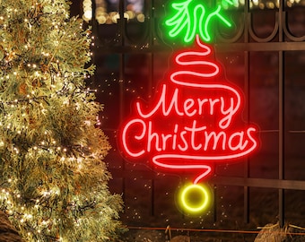 Merry Christmas Tree Neon Sign, Vintage Cute Festive Light for Home Bedroom Living Room Kitchen, Neon for Christmas Indoor Decor Family Gift