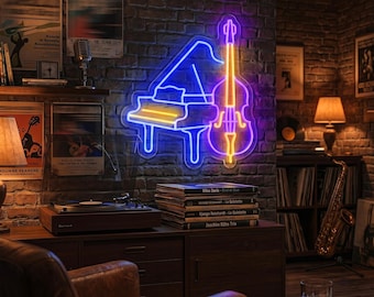 Music Studio Neon Sign, Retro Piano Cello LED Light, Vintage Vinyl Room Decor, Pianist Gift, Home Bar Wall Art, Music Lover Room Sign