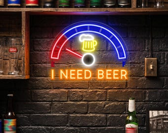 Placa de néon "Preciso de Cerveja" | Medidor de Combustível Divertido com LED | Decoração para Bar/Caverna Masculina | Presente para Festa da Copa do Mundo