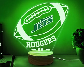 Luz noturna personalizada de futebol americano, presente de dia dos namorados personalizado com nome para ele, decoração de berçário de quarto de menino, presente para fãs do New York Jets, luminária esportiva