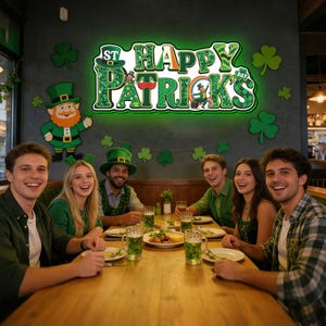 May include: A group of people celebrating St. Patrick's Day in a restaurant. A sign reading "Happy St. Patrick's Day" is above them. The people are wearing green and are seated at a wooden table with food and drinks.