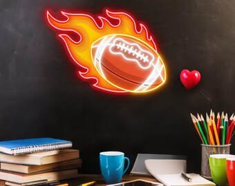 Flaming Football Neon Light Sign, Personalized Rugby Ball Sign, Bedroom Wall Decor Gift, USA Football Gift for Kids, Nursery Sport Decor