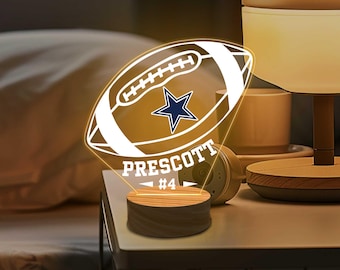 Luz noturna de futebol personalizada, presente personalizado para amantes de futebol, decoração de quarto de menino, presentes para fãs do Dallas Cowboys, presente de dia dos namorados para ele