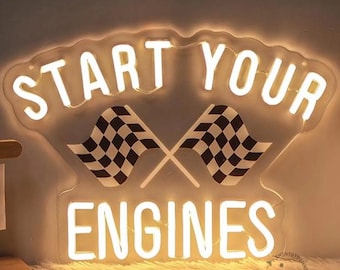 Letreiro de néon personalizado para corrida, letreiro de néon "Sem limite de velocidade", letreiro de néon personalizado com bandeira quadriculada para corrida, decoração para garagem e espaço masculino.