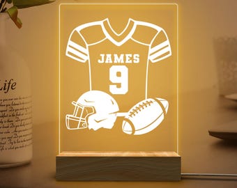 Luz noturna com nome, presente personalizado para crianças, luz noturna de futebol, placa com nome de berçário, presente para ele, decoração de quarto, placa esportiva, presente personalizado