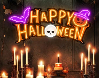 Happy Halloween Neon Sign, Halloween Party Decor, Halloween Wall Art, Haunted House Sign, Spooky Skull Pumpkin Bat Light, Halloween Gifts
