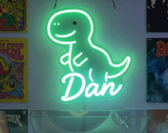Dinosaur Neon Sign with Custom Name for Kids Room, Personalized Green LED Dino Wall Decor, Nursery Night Light, Birthday Gift for Boys
