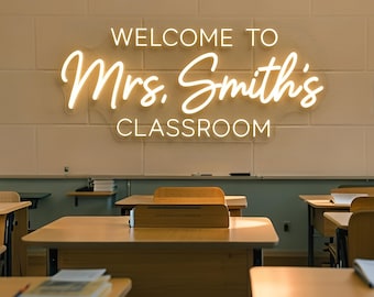 Placa de neon com nome de professor personalizado, decoração de sala de aula com luz LED, arte de parede para sala de aula, placa de boas-vindas de volta à escola, presente para professores, placa de neon com nome