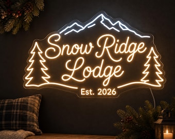Custom Snow Ridge Lodge Neon Sign, Personalized Winter Cabin Wall Light, Mountain Lodge Decor, Christmas Family Cabin Gift for Hosts