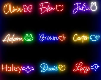 Placa de neon com nome personalizado, placa com estampa de animal fofo, placa de neon com nome para presente para crianças, presente de aniversário com luz de LED personalizada, presente personalizado para ela