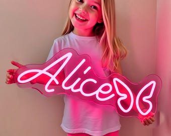 Placa de neon com nome personalizado, decoração para quarto infantil, placa de neon com nome personalizado para presente para meninas, placa de neon com nome personalizada para berçário, arte de parede com nome em LED para presente
