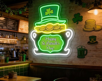 Happy St. Patrick's Day decor, pot of gold neon light, green shamrock neon sign, Irish pub decor