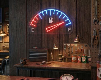 Placa de néon "Tanque de gasolina cheio", decoração para garagem de apaixonado por carros, medidor de combustível vintage em LED, presente para entusiasta de carros clássicos, arte de parede para oficina mecânica, placa para pai mecânico