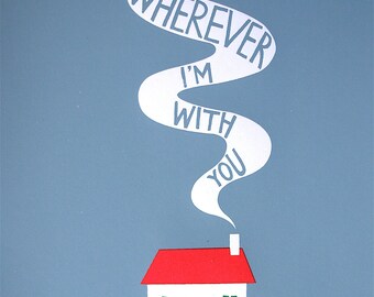 Cosy Cottage Home is Wherever I'm With You Original Art Print Blue A3 House Heart Valentines