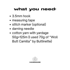 May include: A list of materials needed for a crochet project, including a 3.5mm hook, measuring tape, stitch marker, darning needle, and cotton yarn. The text mentions using 70g of "Woll Butt Camilla" yarn by Buttinette.