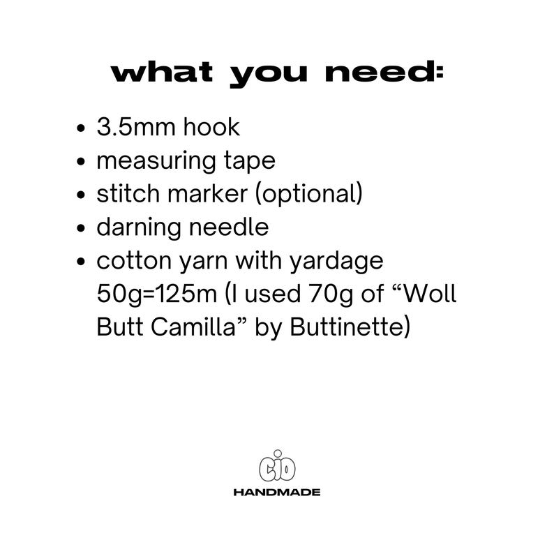 May include: A list of materials needed for a crochet project, including a 3.5mm hook, measuring tape, stitch marker, darning needle, and cotton yarn. The text mentions using 70g of "Woll Butt Camilla" yarn by Buttinette.