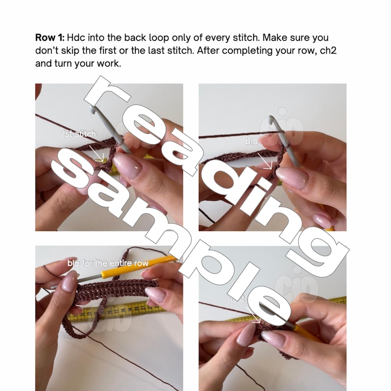 May include: Close-up of a hand crocheting with brown yarn. The image shows how to make a half double crochet stitch into the back loop only of each stitch. The text in the image reads: "Row 1: Hdc into the back loop only of every stitch. Make sure you don't skip the first or the last stitch. After completing your row, ch2 and turn your work."
