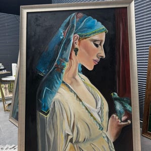 İSİS…handmade oil painting on canvas with frame ,wall decor- woman with bird