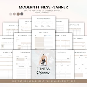 Könnte beinhalten: Ein druckbarer Fitnessplaner mit Seiten zur Verfolgung der täglichen Fitness, der wöchentlichen Fitness, der Trainingspläne, des Krafttrainings, des Gewichthebens, des Lauffortschritts, der Schritte, der monatlichen Fitness, der Fitnessziele, der Messverfolgung und einer Aufschlüsselung der großen Ziele. Der Planer verfügt über ein modernes Design mit einem hellgrauen Hintergrund und schwarzem Text. Die Titelseite zeigt einen Mann, der Gewichte hebt.