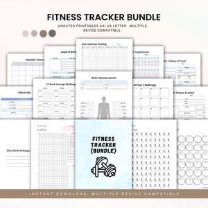 Könnte beinhalten: Ein Set mit druckbaren Fitness-Trackern mit einem blauen Aquarell-Hintergrund. Das Set enthält eine Vielzahl von Trackern, darunter einen monatlichen Fitness-Tracker, einen 12-Wochen-Spar-Challenge-Tracker, einen 30-Tage-Challenge-Tracker, einen Workout-Tracker und einen Körpermaße-Tracker. Der Text "FITNESS TRACKER (BUNDLE)" ist in Schwarz auf weißem Hintergrund gedruckt.