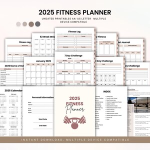 Könnte beinhalten: Ein druckbarer Fitnessplaner für 2025 mit einem hellbraunen und weißen Farbschema. Der Planer enthält einen Kalender, ein Fitnessprotokoll, eine 7-Tage-Herausforderung, eine 3-Tage-Herausforderung und Seiten für persönliche Informationen. Der Planer ist undatiert und mit mehreren Geräten kompatibel.