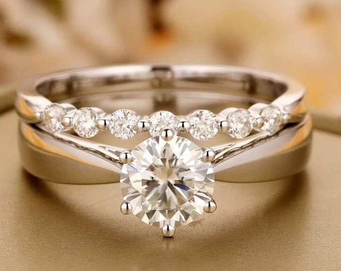 1.5 CT Round Cut Moissanite Wedding Ring Set, 14K White Gold Engagement ...