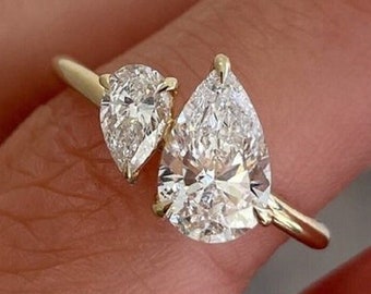 Toi Et Moi Wedding Ring, Pear Cut Moissanite Engagement Ring, Two Stone Anniversary Gift, 14K Solid Gold Bridal Ring, Ice Crush Diamond Ring