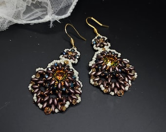 Handmade Bead Weaving Drop Earrings, Swarovski Crystals, Floral