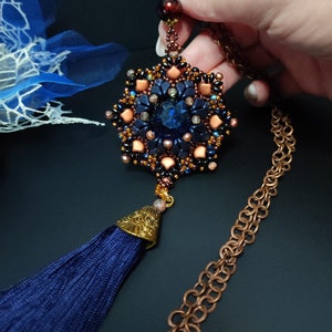 Sautoir tassel necklace, Long necklace with tassel, Pendant with crystals and beads, Boho necklace, Chunky pendant,Elegant vintage necklace