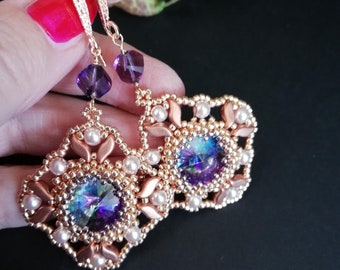 Handmade Beaded Earrings, Rose Gold, Czech Crystal
